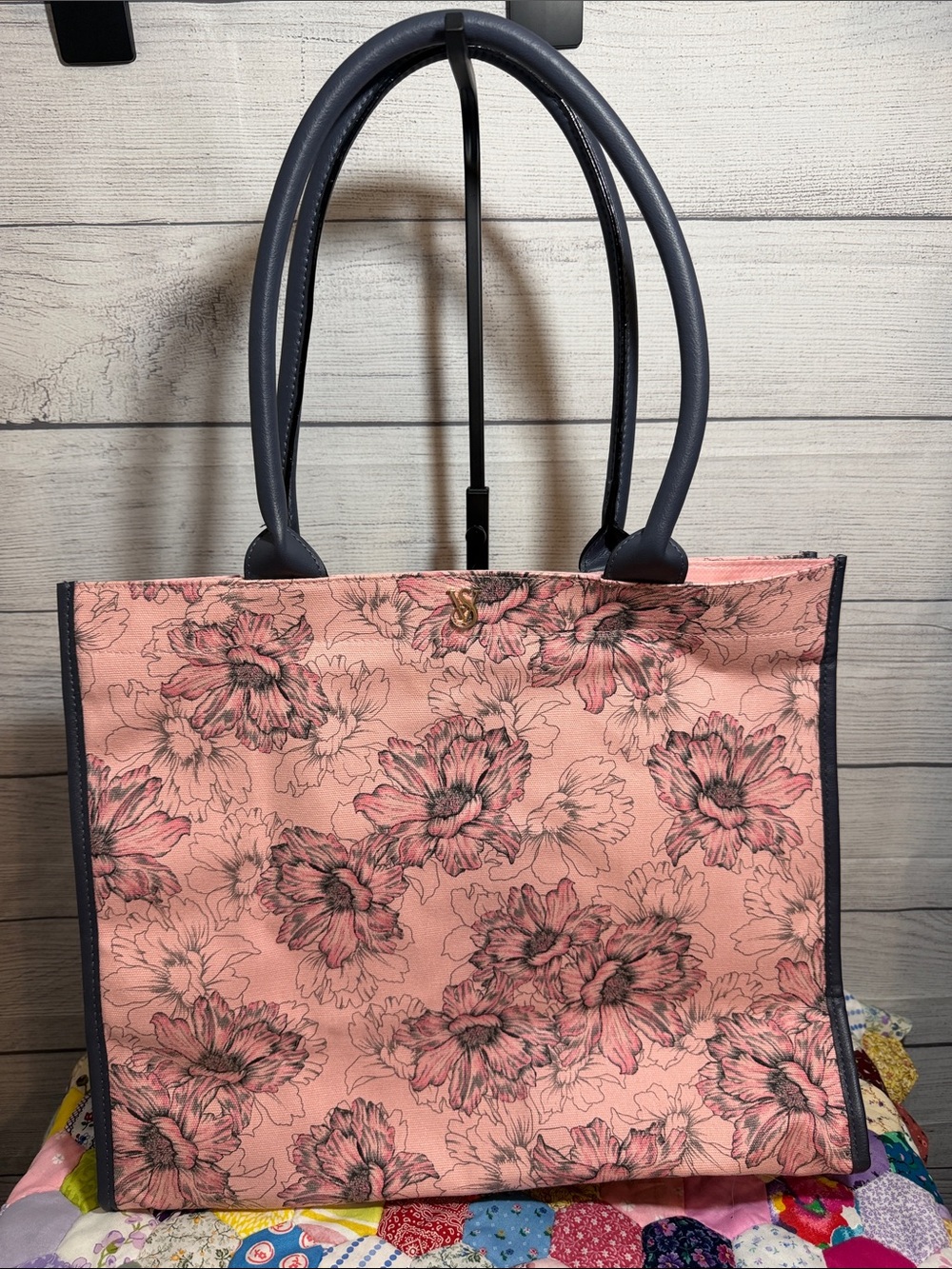 Victoria's Secret Pink Floral Tote with Navy Trim